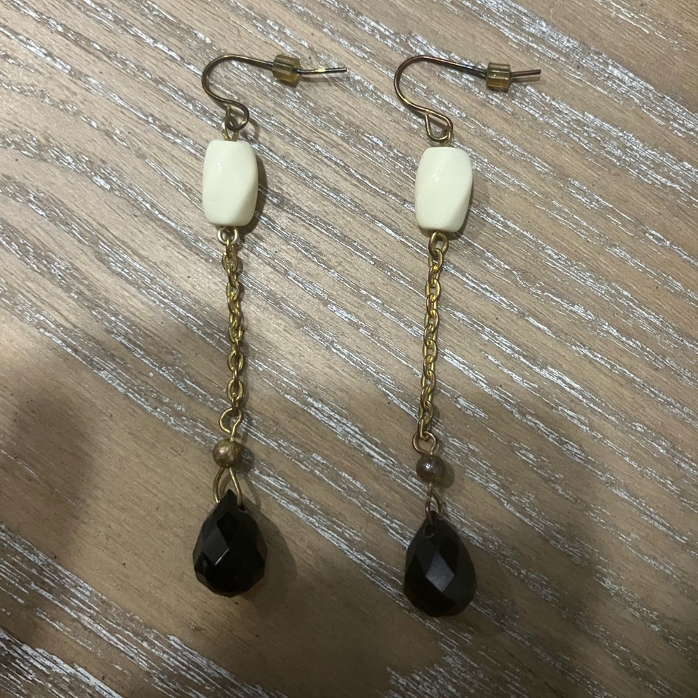 Faux Gold Dangling Earrings with Ivory and Black Beads About 2 3/4 in length
